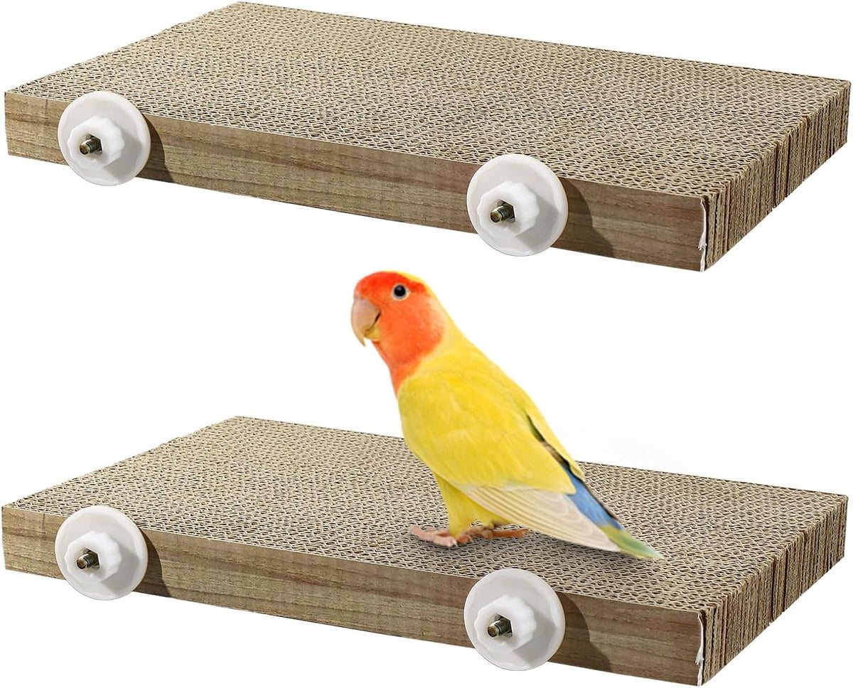 2 Pack Parrot Perch Bird Chew Toys, Large Cardboard Parakeet Cage Stand Playground, Conure Platform Cockatiel Shredding Grinding Cage Accessories for Budgie Cockatoo, 12.2 x 7.7 x 1.2in