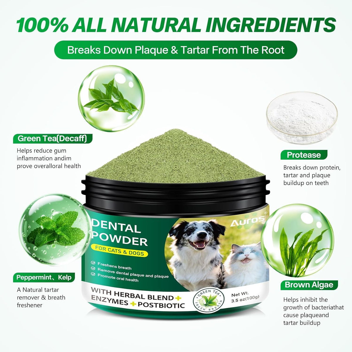 Dog Dental Powder for Teeth Cleaning Plaque & Bad Breath Off, Dental Powder for Dogs Teeth with Natural Herbal Blend & Postbiotics, Dog Teeth Cleaning Powder with Enzymes for Dogs & Cats (3.5oz)