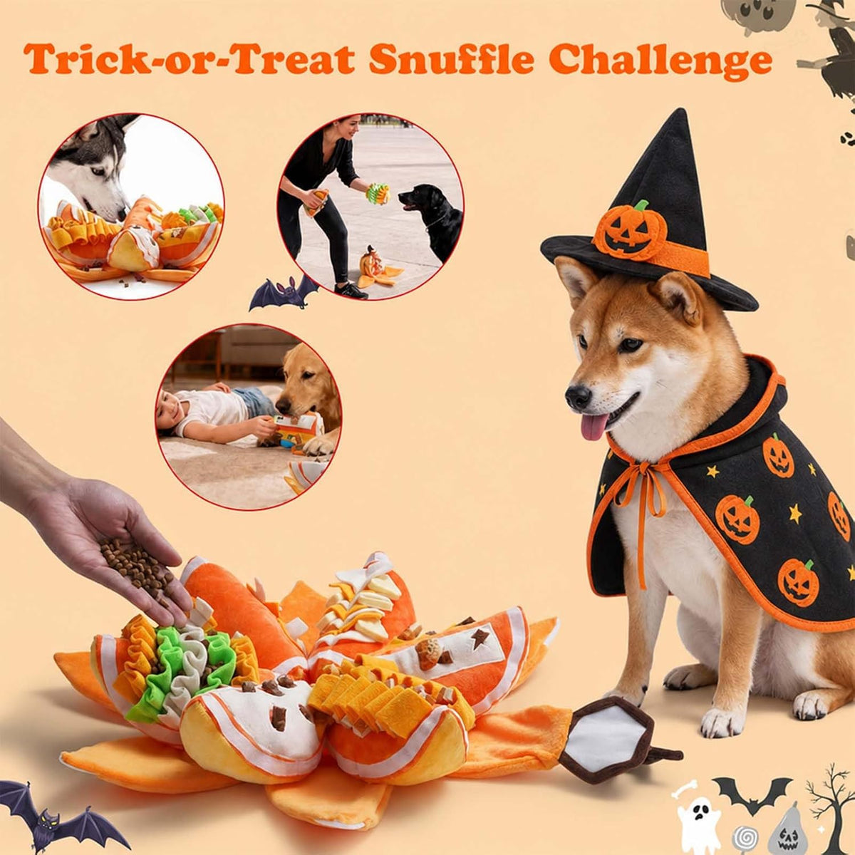 Nocciola Halloween Pumpkin Dog Toys, Hide and Seek Snuffle Plush Dog Toy for Small Dogs, Puppy Squeaky Toy with Crinkle Papers for Boredom