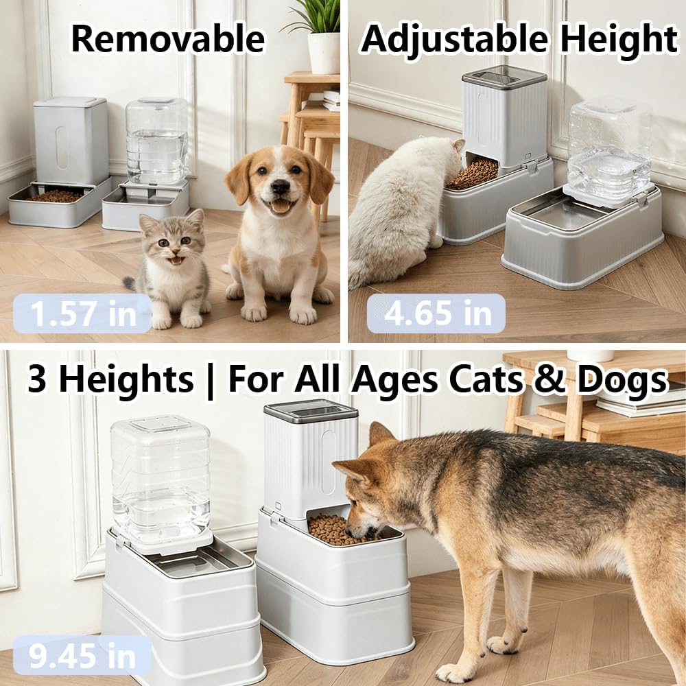 Elevated Automatic Pet Feeder & Water Dispenser, 128 Fl Oz/1 Gallon Water & 4.4lb Food Capacity, Stainless Steel Bowl, 2-Level Height Adjustable, Neck Protection for Small/Medium Dogs,Anti-Choking
