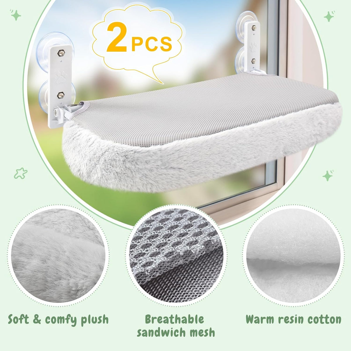 Sunhoo 2PCS Cat Window Perch Hammock Cordless Kitty Sunny Bed Seat Window Sill Shelf for Inside Cats Foldable Lounger with 4 Strong Suction Cups Soft Plush Cover 21 * 11.8 in Holds up to 40lbs (Grey)