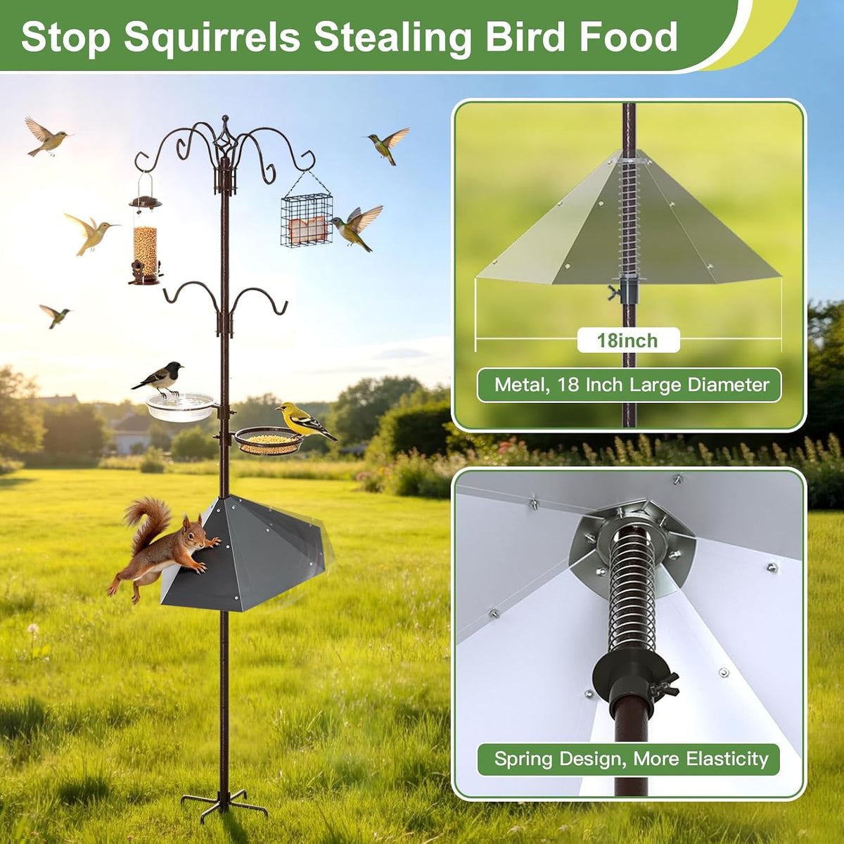 97" Bird Feeding Station Kit with Metal Squirrel Baffle, Heavy Duty Metal Bird Feeding Station with Seed Tray＆Mesh Basket, Easy Assembly Ground Mounted Bird Feeder Pole for Garden Yard Outdoor