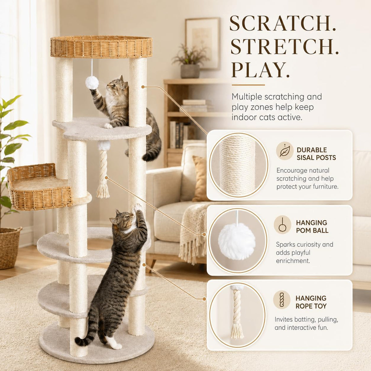 Multi-Level Cat Tree for Large Indoor Cats, 57in Tall Cat Tower