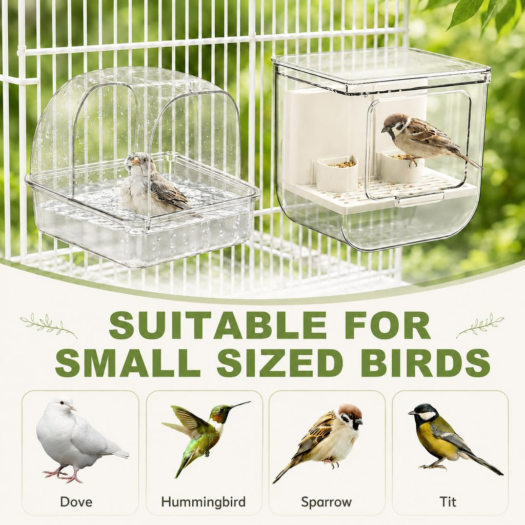 2 Pack Hanging Bird Feeder for Cage & Bird Bath for Cage, No-Mess Bird Cage Feeder and Clean Parakeet Bath Bowl, Bird Cage Accessories Suitable for Small to Medium Birds