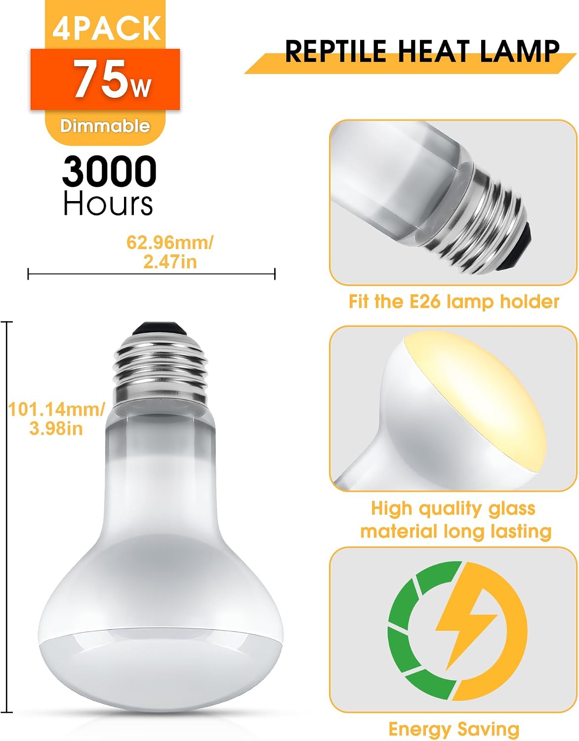 4 Pack 75 Watt Reptile Heat Lamp Bulb, E26 UVA Basking Spot Light Bulb
