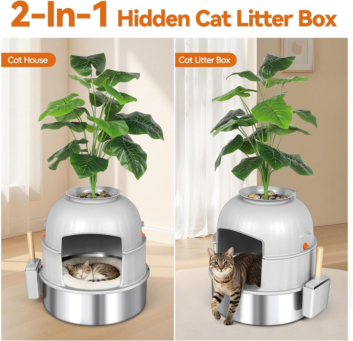 Hidden Plant Litter Box with Scoop, Stainless Steel Litter Box Plant, Grey