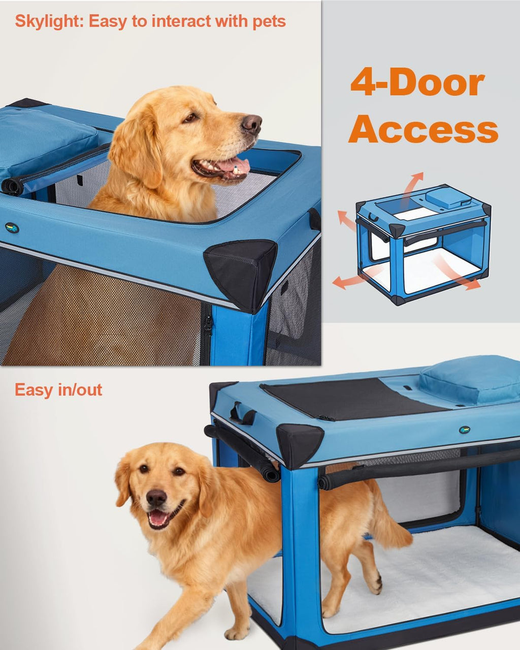 Ownpets Collapsible Travel Dog Crate for Large Dogs, 48x31x31 inches, Blue