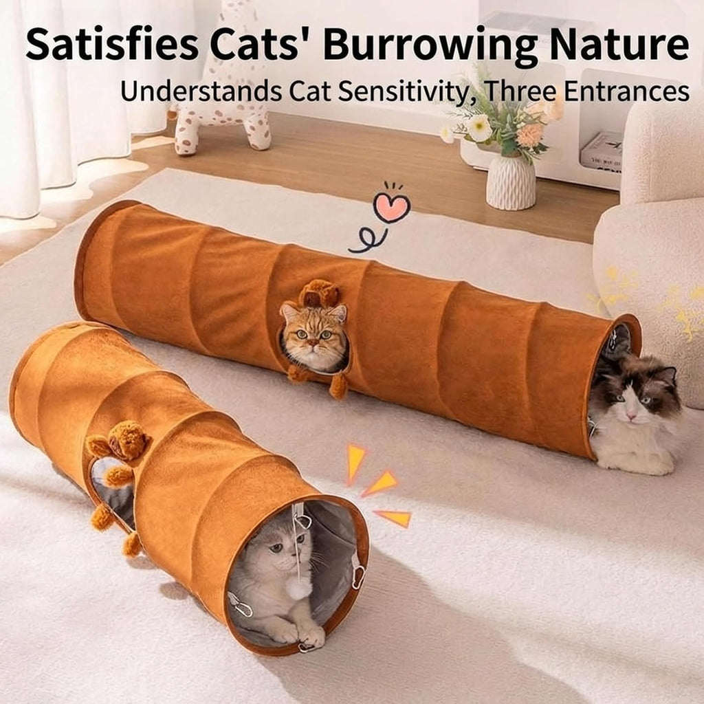 Premium Suede Cat Tunnel for Indoor Cats–3-Layer Fabric–Collapsible Tube with Peek-a-Boo Holes & Hanging Ball – Connectable & Scratch-Resistant for Rabbits, Ferrets, Puppy (Large)
