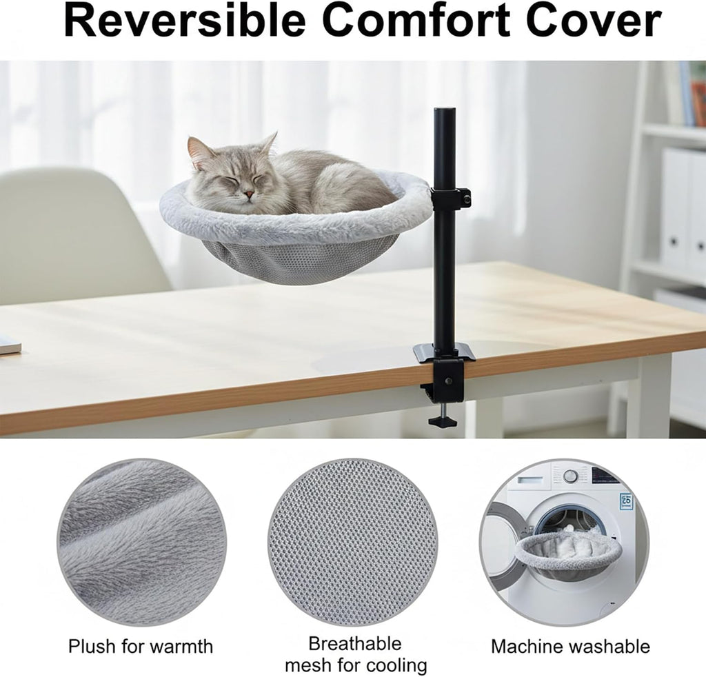 Cat Desk Bed, 360° Rotating & Height Adjustable Cat Perch for Desk, Soft Faux Fur, Removable & Washable, Supports Up to 44 lbs – Perfect for Remote Workers, Gamers & Office Cats