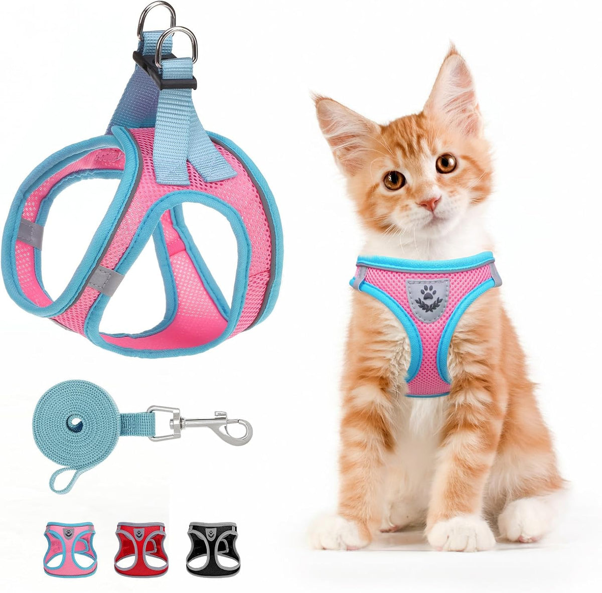 SCENEREAL Cat Harness & Leash Set Escape Proof - Adjustable Air Mesh Vest with Reflective Strips for Kittens, Puppies, Rabbits, Pink Leopard M