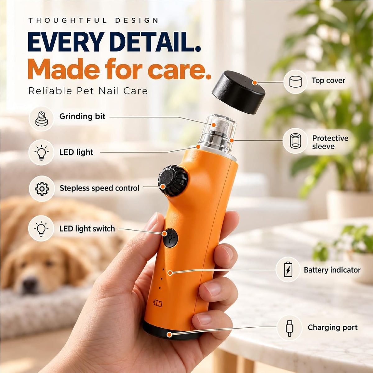 Dog Nail Grinder, Whisper-Quiet Stepless Speed, 360° LED Light Pet Trimmer