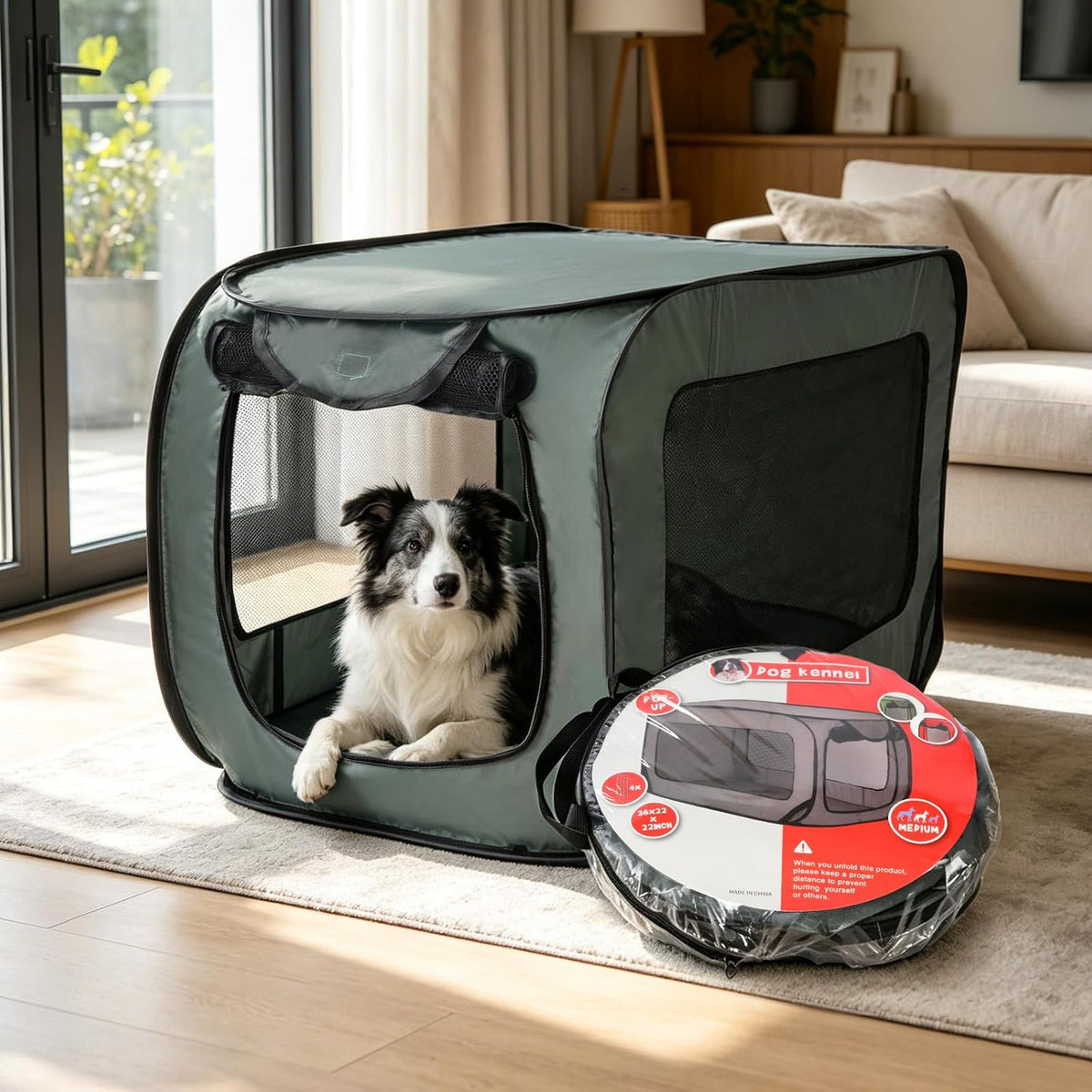 Foldable 36" Dog Crate for Medium Dogs, Portable Waterproof Pop-Up Pet Kennel with Zipper, Collapsible Lightweight Indoor Outdoor Travel Cage with Tie-Down Straps & Ground Nails (Grey)
