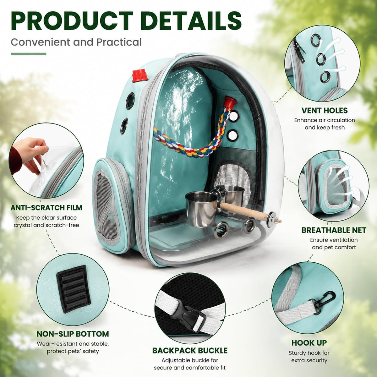 Rypet Bird Backpack Carrier, Bird Travel Cage for Parrots with Tray (Green)