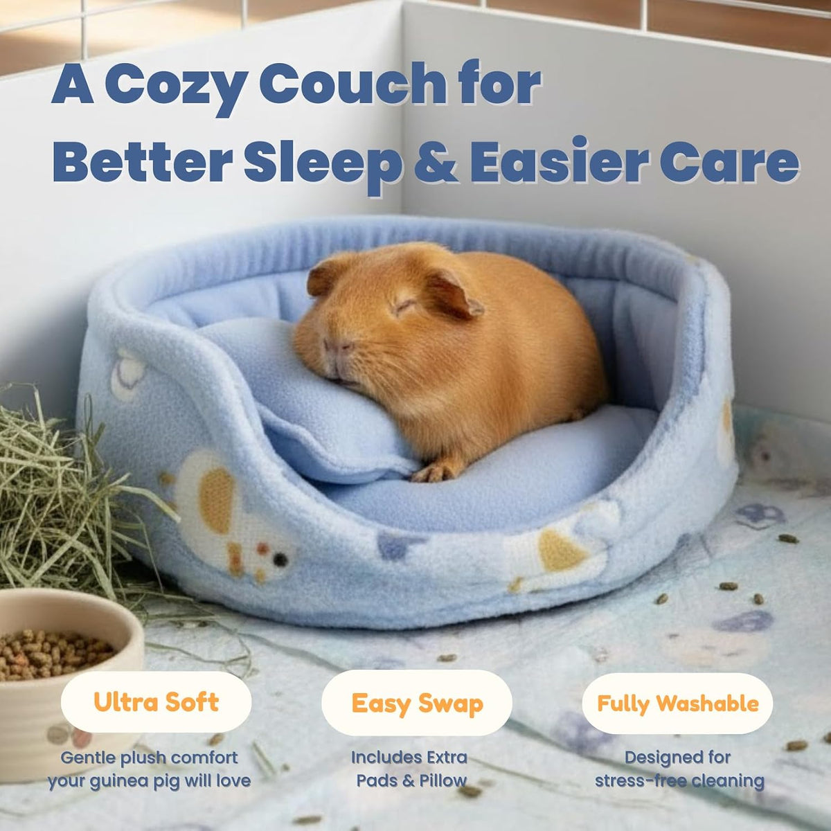 Guinea Pig Couch Bed, Plush Sofa with 2 Washable Mats & Pillow