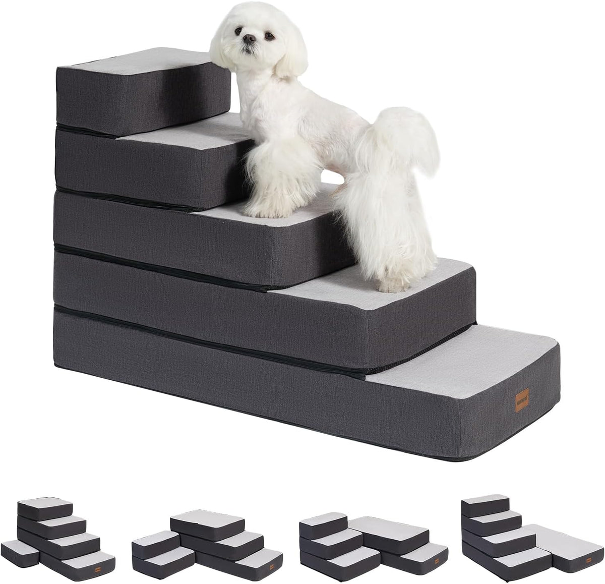 Garnpet 3-Step Adjustable Dog Stairs for Sofa and Couch, Dog Steps for Small Dogs and Cats, Foldable Pet Stairs for Low Bed Climbing, Non-Slip Pet Step Indoor, Grey