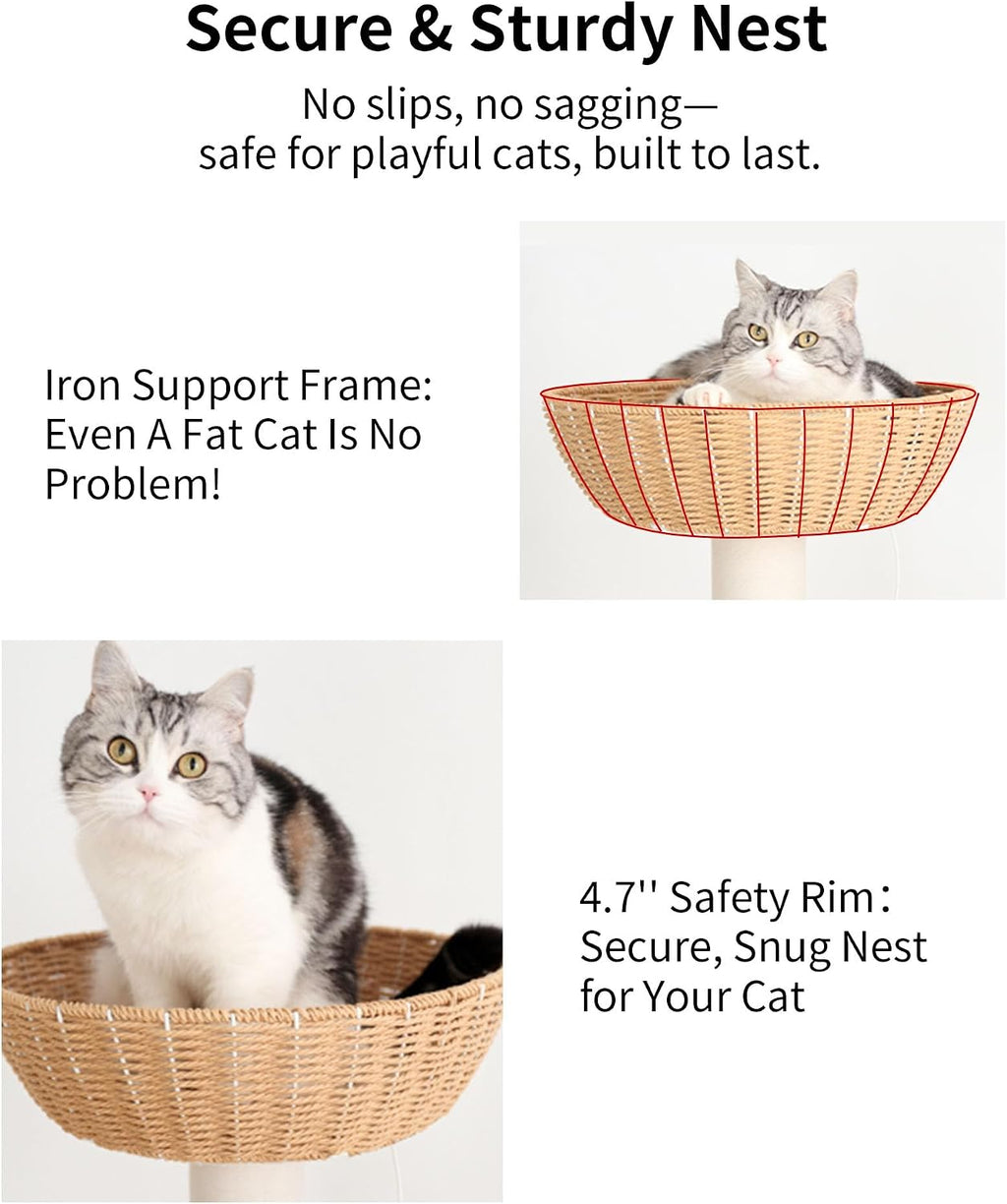 Wood Cat Tree for Large Cat, 63-Inch Tall Cat Tower with Scratching Post for Indoor Cats, Multi-Level Cat Condo with Hand-Woven Cat Bed and Acrylic Bowl Easy to Clean (White 81007s)