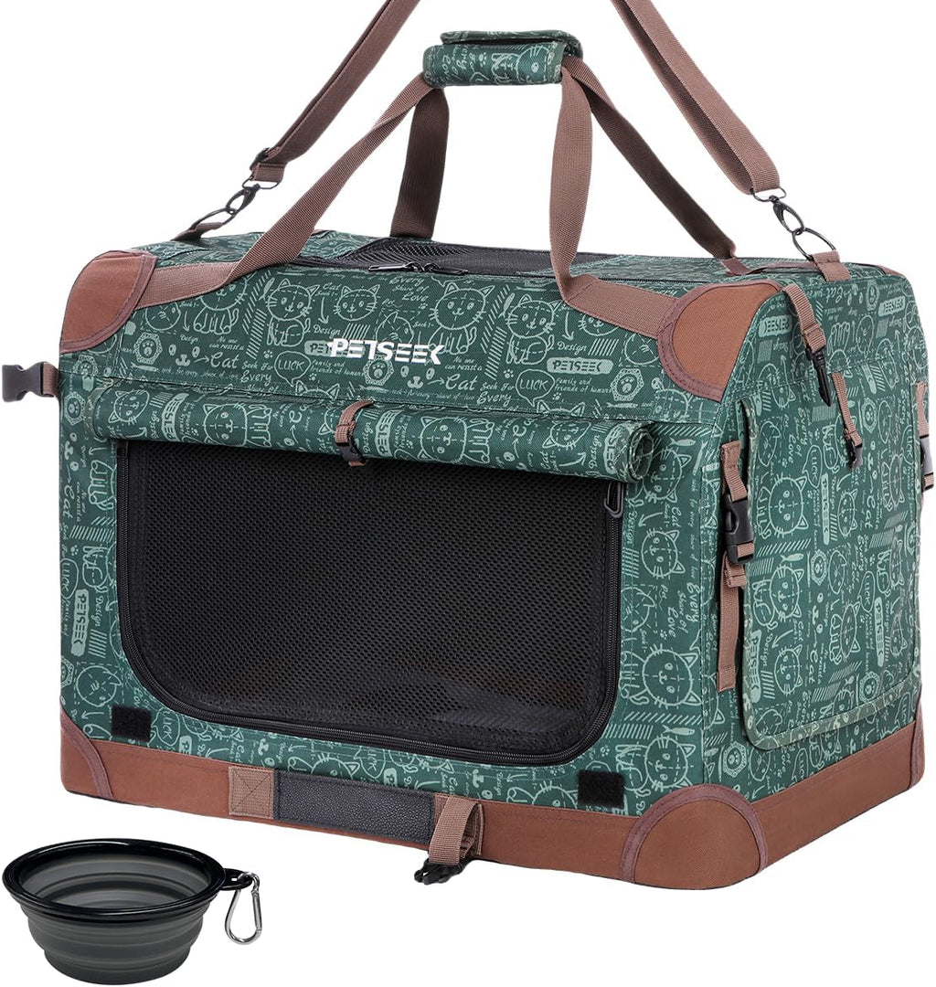 Extra Large Cat Carrier Soft Sided, Portable Small Dog Carrier for 2 Cats, 24"x16.5"x16" Car Travel Folding Comfortable Design with Litter Box and Bowls, Grey-2+ Litter Box+ Bowl*2