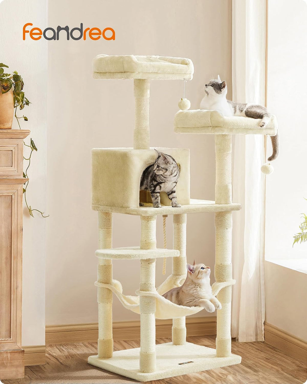 Feandrea Cat Tree, 55.8-Inch Large Cat Tower, Multi-Level Condo, Beige