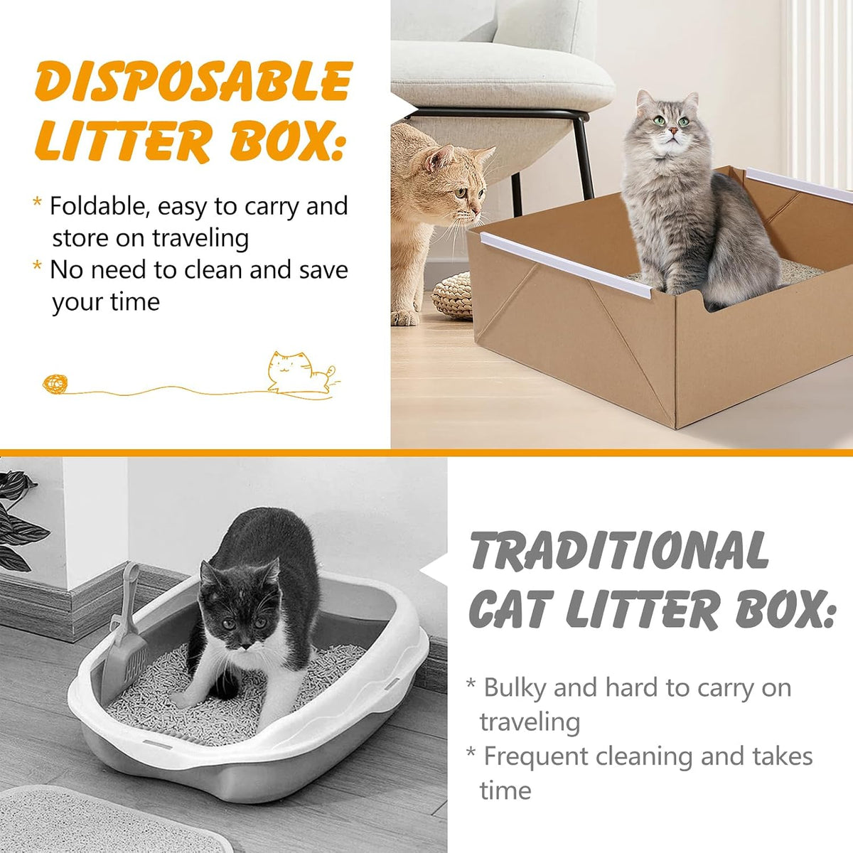 4-Pack Disposable Cat Litter Boxes, Foldable Waterproof Cardboard, Large