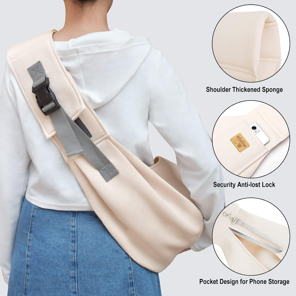 Dog Sling Hands Free Dog Sling Carrier Adjustable Strap Dog Carrier Sling Soft Cotton Dog Carrier Bag Dog Carriers with Pocket for Travel Outdoor(Beige)