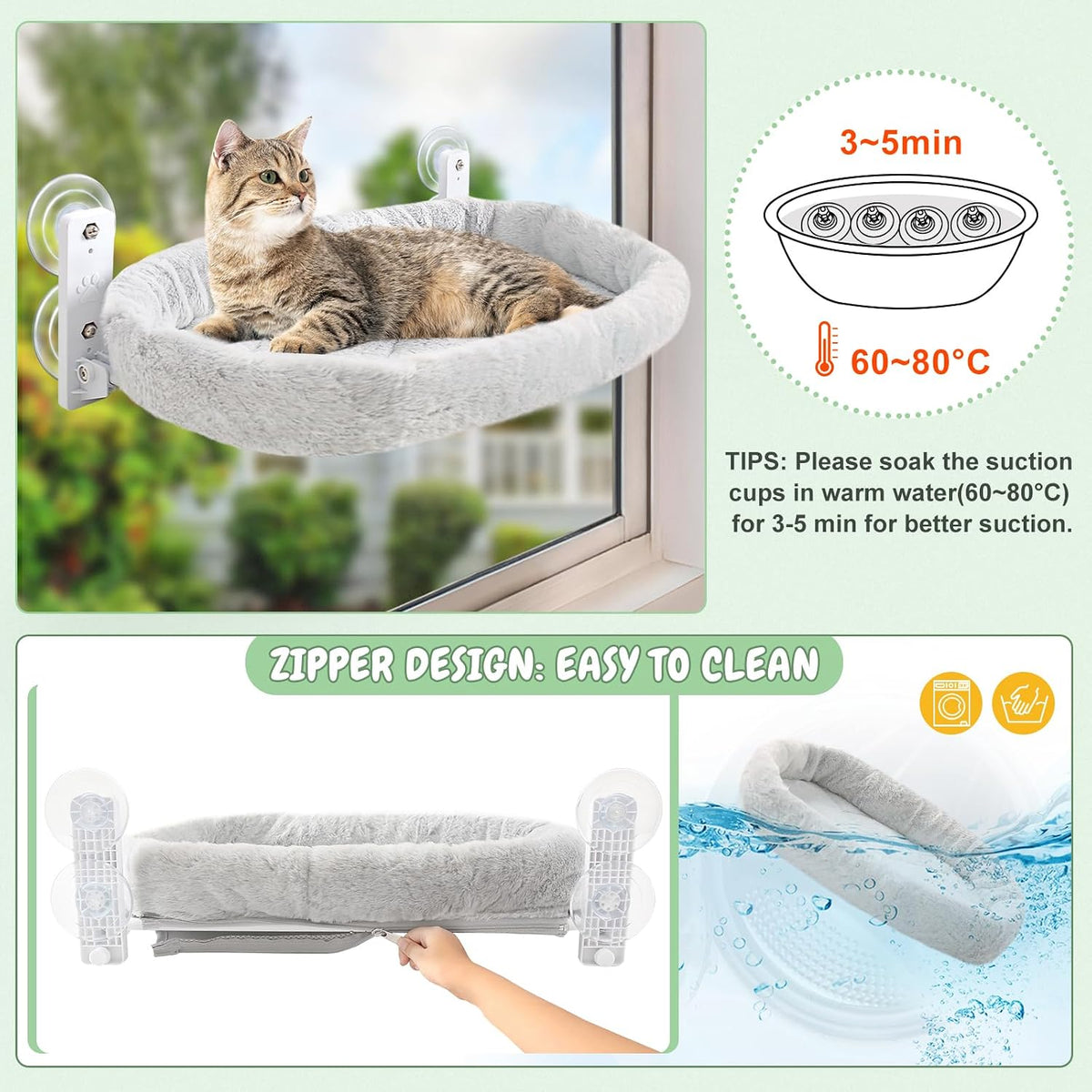 Sunhoo 2PCS Cat Window Perch Hammock Cordless Kitty Sunny Bed Seat Window Sill Shelf for Inside Cats Foldable Lounger with 4 Strong Suction Cups Soft Plush Cover 21 * 11.8 in Holds up to 40lbs (Grey)