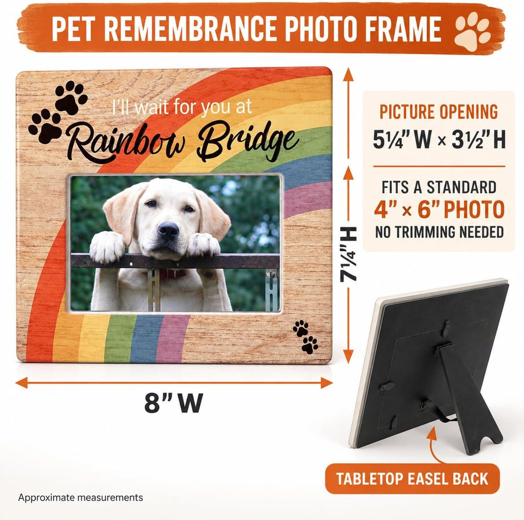 Rainbow Bridge Pet Memorial Picture Frame, Loss of Dog or Cat Sympathy Gift, I’ll Wait for You at Rainbow Bridge Personalized Pet Photo Option, 4 x 6 Picture Frame for Pet Bereavement Condolence Gift
