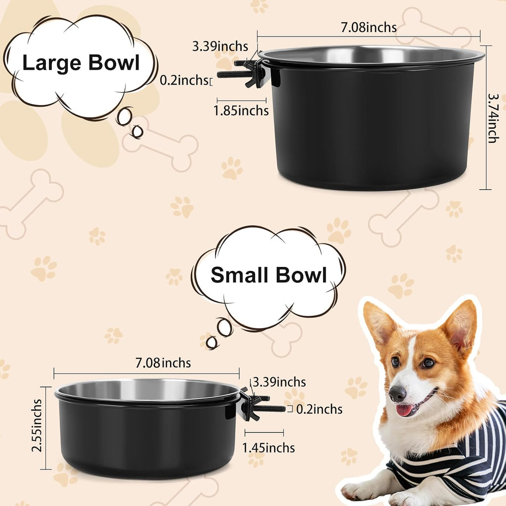 Crate Dog Bowls for Large Dogs, Removable Stainless Steel Dog Bowls for Food and Water, Pet Kennel Hanging Food Water Feeder Station for Medium/Large Pets, (7.1"x3.7" & 7.1"*2.6", Black)