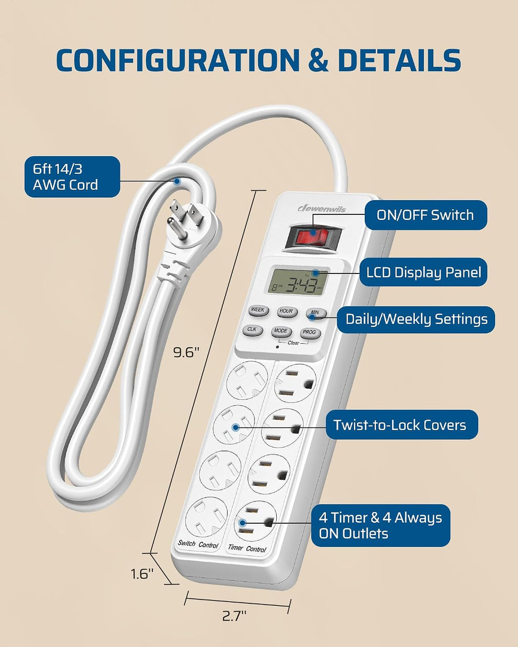 DEWENWILS 8 Outlet Power Strip with Timer, 6FT Cord for Bearded Dragon Tank