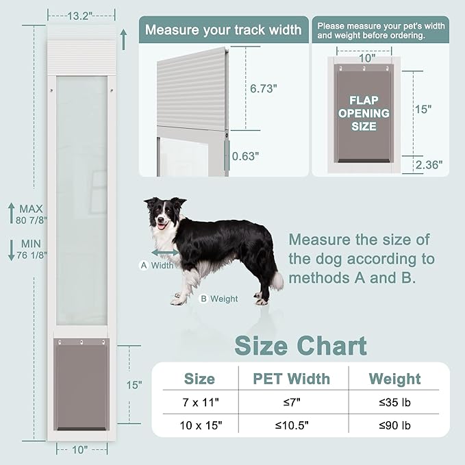 Dog Door for Sliding Glass Doors, Adjustable Height 76 1/8"-80 7/8" Aluminum - Image 2