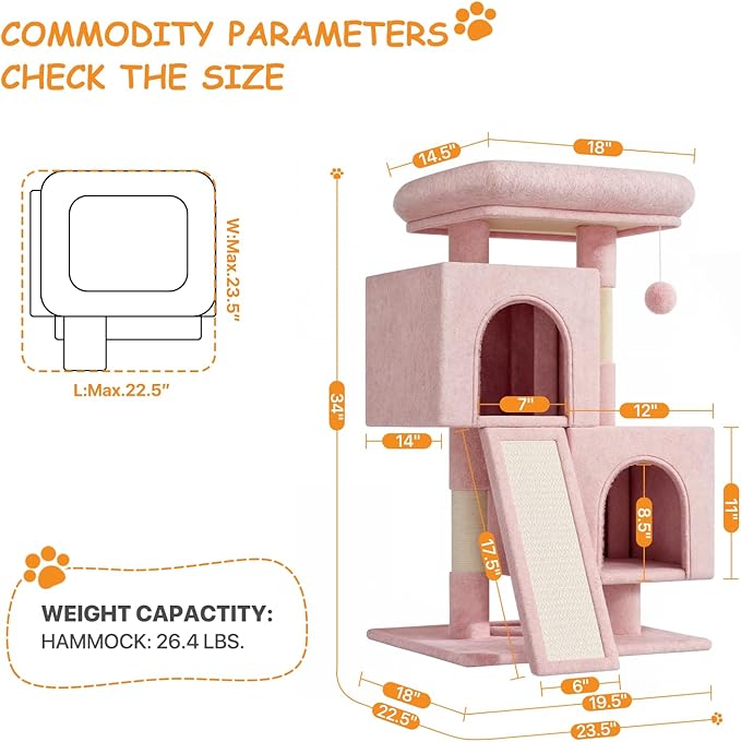 34'' Small Cat Tree with 2 Condos, Sisal Scratching Posts & Board, Sturdy Light - Image 3