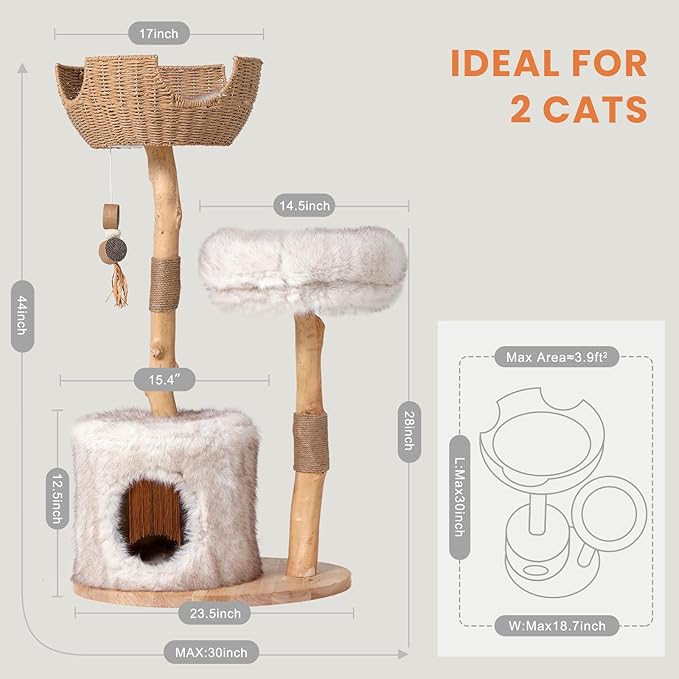 Cat Tree Tower with Two Real Branches, 44 INCH Wood Modern Cat Tower with - Image 7