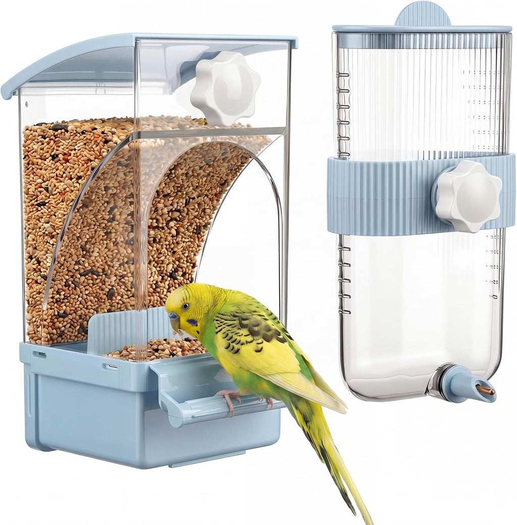 Novabright No Mess Bird Feeder Water Dispenser Set, Automatic Transparent Bird Food Container and 12 oz Automatic Water Feeder for Small Birds Parrot, Cockatoo, Canary, Cage, Lovebird, Budgies(White)