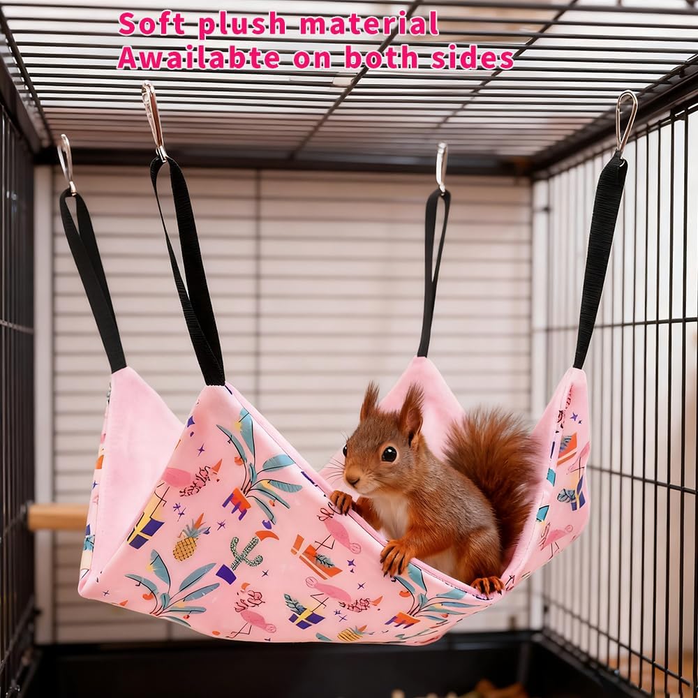 4 Pack Ferret Hammock Set, Hanging Soft Small Animal Hammocks with Hideout,Tunnel and Double Layer,Cage Accessories for Ferret,Rats,Sugar Glider,Squirrel (Pink)