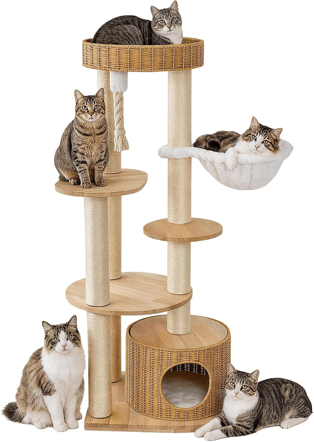 53'' Solid Wooden Cat Tree for Indoor Cats，Modern Large Cat Tower