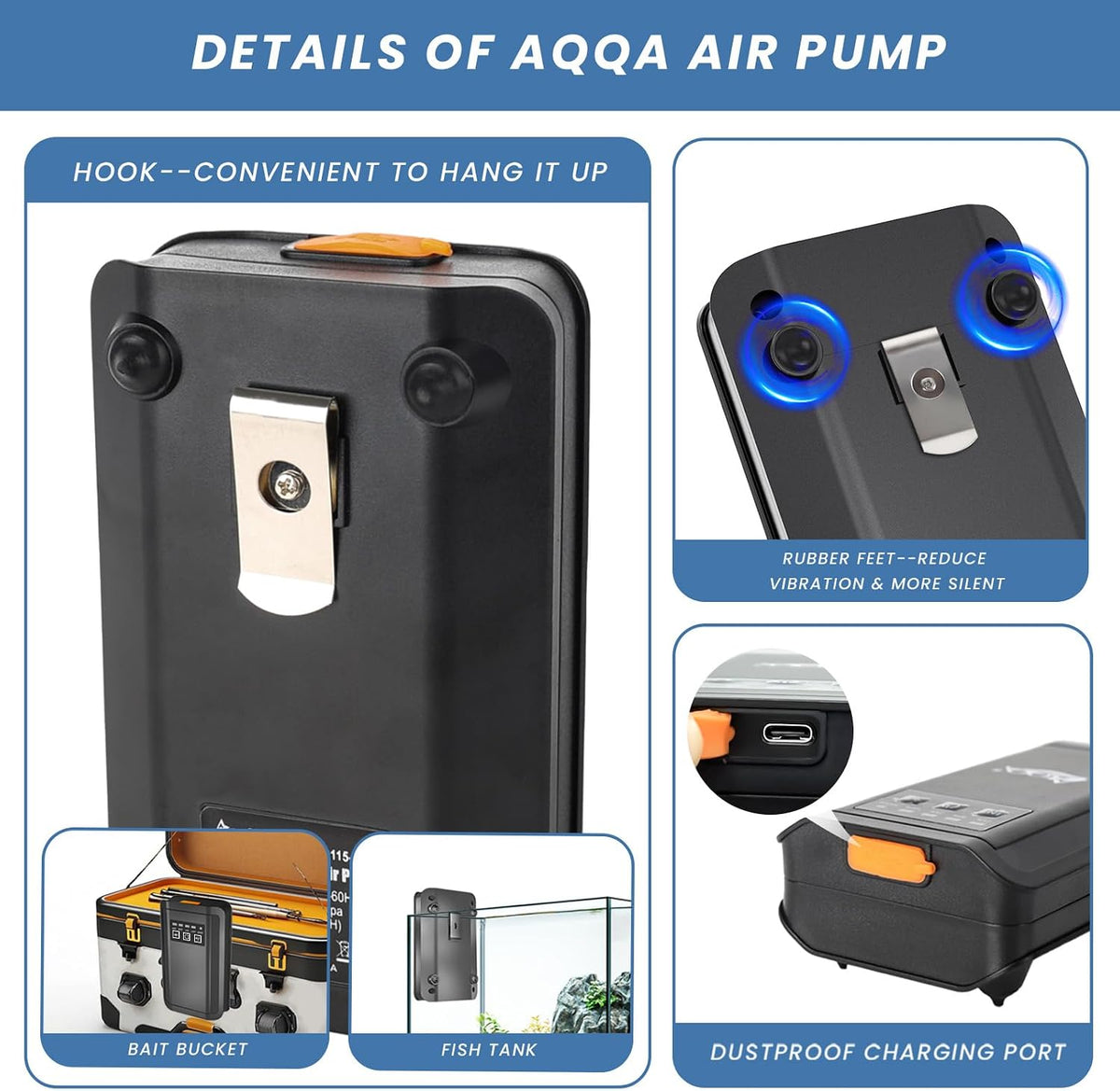AQQA Rechargeable Portable Fish Bait Bucket Tank Aquarium Air Pump Bubbler