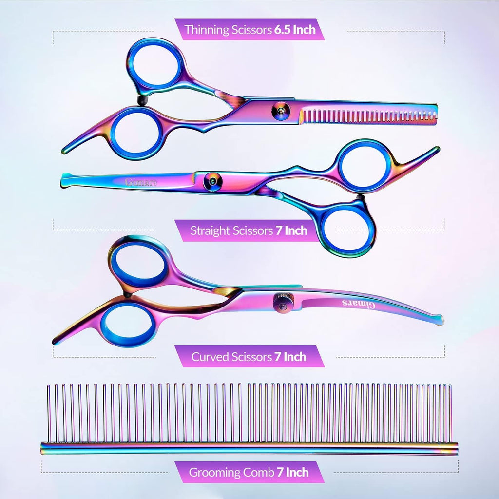 Gimars Dog Grooming Scissors Kit Professional 4CR with Safety Round Tip, 5 in 1 Heavy Duty Titanium Coated Thinning & Curved & Straight Shears