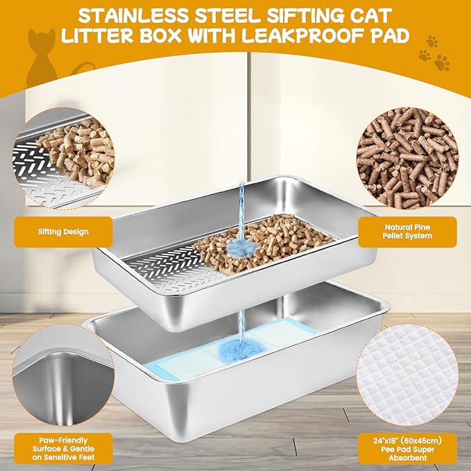 23.6''x15.7''x8'' Stainless Steel Sifting Litter Box, XXL Large Metal Sifting - Image 5
