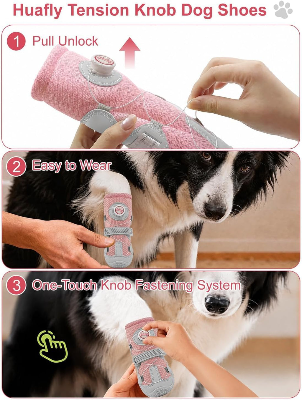 Huafly Dog Shoes Tension Knob-Twist-Lock Dog Boots&Paw Protectors Pink 4pcs
