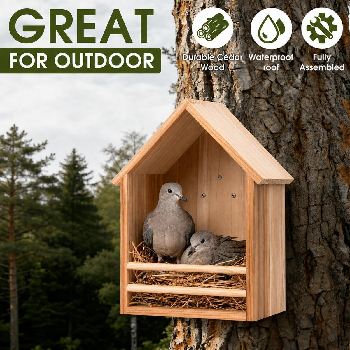 Triangular Opening Cedar Mourning Dove Nesting Box for Outside, Oltara Hanging Wooden Bird House for Outdoor Doves, Pigeons, and Other Small Birds
