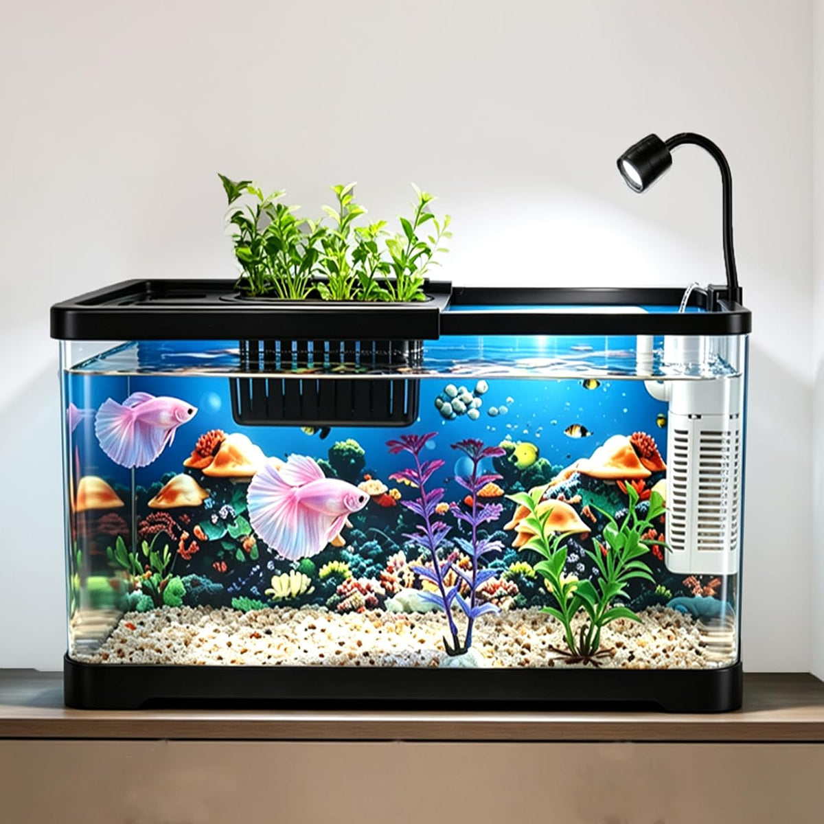 4 Gallon Fish Tank Kit, LED Light Filter Starter Aquarium for Betta Shrimp