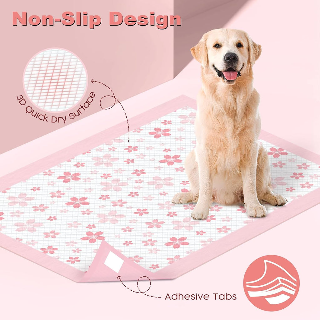 MIZOK Pink Puppy Pads with Adhesive Tabs Disposable No Leak XL 28x34in 40Ct