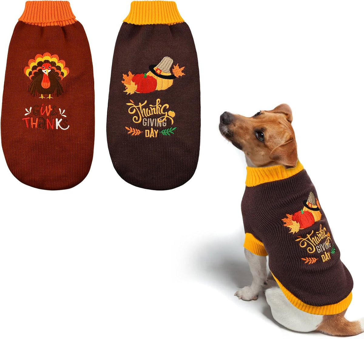2Pcs Dog Thanksgiving Sweaters Pet Pumpkin Turkey Sweater Thanksgiving Cat Turtleneck Knitwear Shirt Clothes Dog Puppy Turkey Costume Clothes for Small Medium Dogs Cats XL
