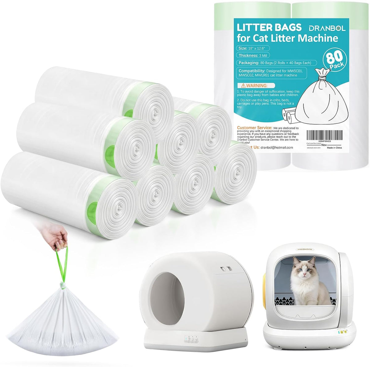 80 Count 18" x 12.6" Cat Litter Box Liners, Compatible with Meo Want MW-SC01/SC02/SC09/ SC01-Y, Thick Heavy Duty Drawstring Cat Litter Bags, Replaced Trash Bags for Self-Cleaning Cat Litter Box