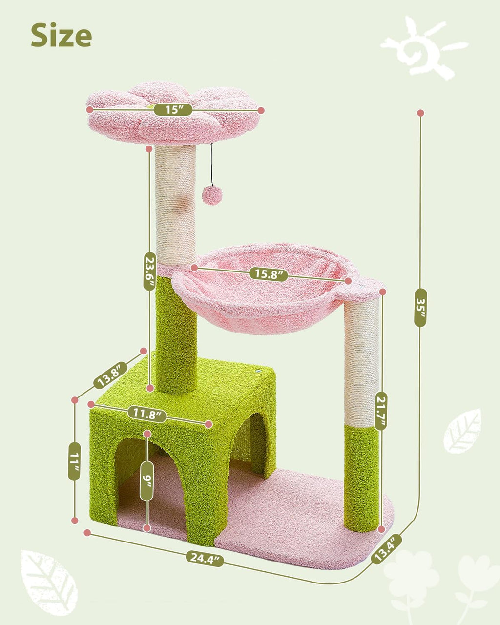MUTTROS Flower Cat Tree with Large Metal Frame Hammock, 35" Cute Cat Tower with Sisal Scratching Posts for Small Indoor Cats, Cat Condo with Pink Top Perch for Kittens, Pink