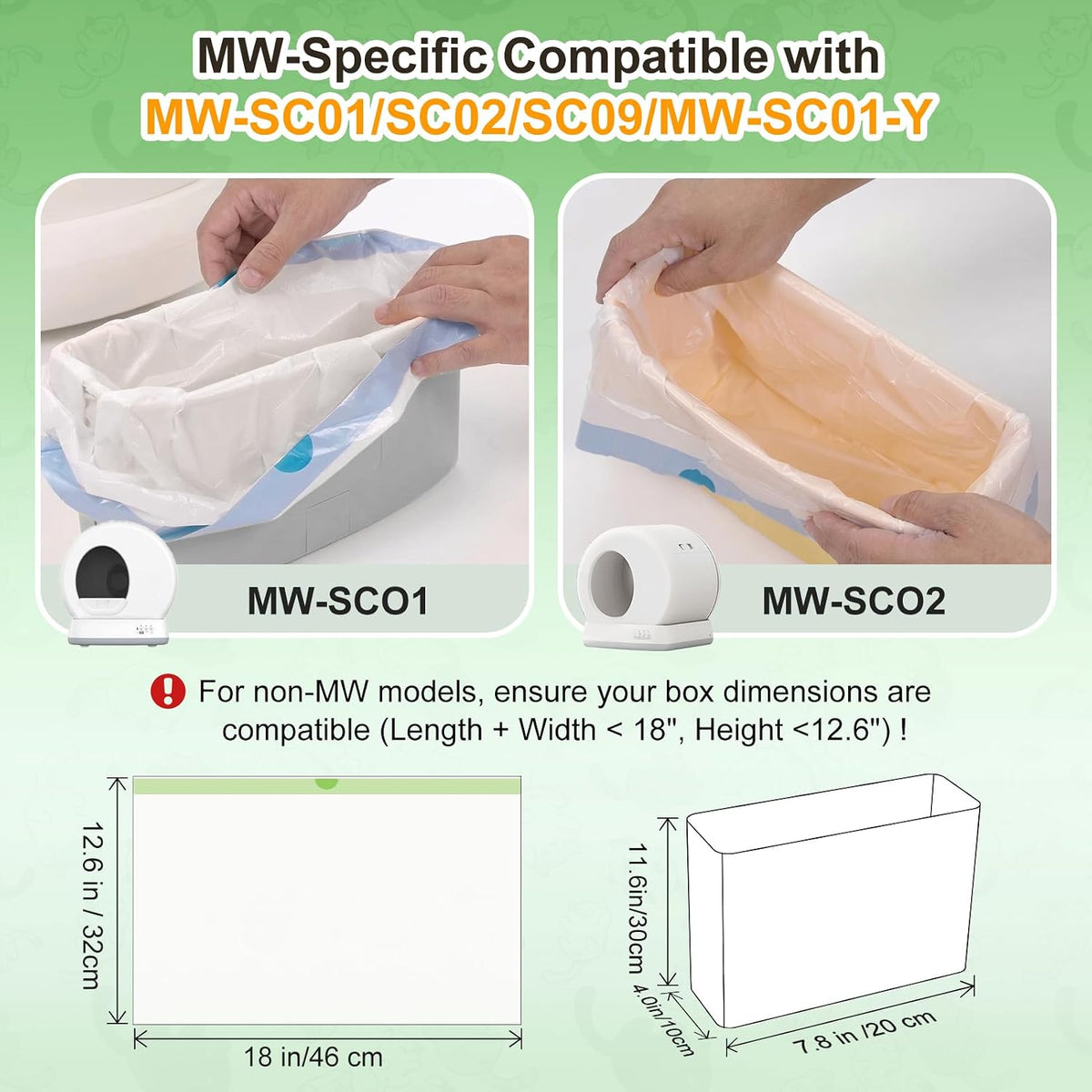 80 Count 18" x 12.6" Cat Litter Box Liners, Compatible with Meo Want MW-SC01/SC02/SC09/ SC01-Y, Thick Heavy Duty Drawstring Cat Litter Bags, Replaced Trash Bags for Self-Cleaning Cat Litter Box