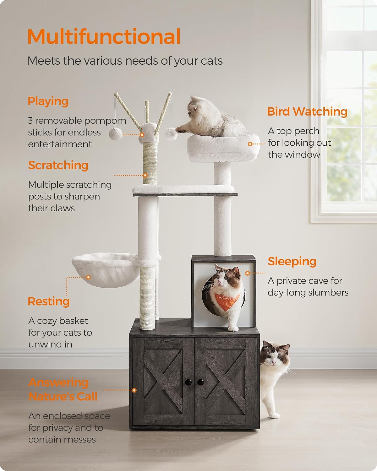Feandrea Cat Tree with Litter Box Enclosure, 59-Inch, 2-in-1 Condo
