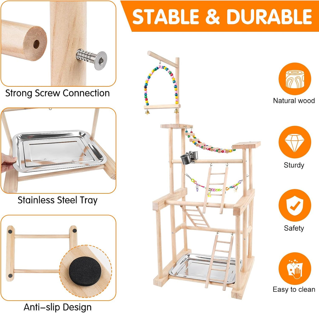Bird Playground 4 Tier, Parrot Perch Stand Bird Play Stand with Feeder Cups, Ladder, Chain Toy, Swing and Detachable Tray, Parrot Playground for Parakeet Conure Cockatiel Lovebird Budgie