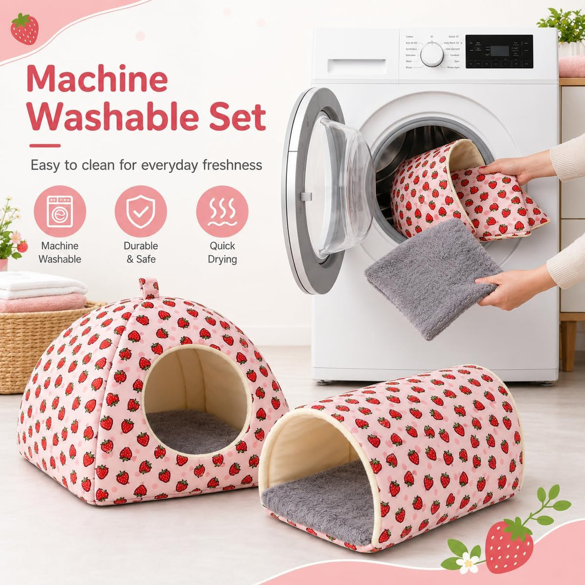 Guinea Pig Hideout Tunnel Set, 2 Pack Washable Small Animal Bed with Removable Cushion, Hamster Hideout Play Tunnel Toys for Guinea Pigs, Hamsters, Hedgehogs, Ferrets, Pink Strawberry