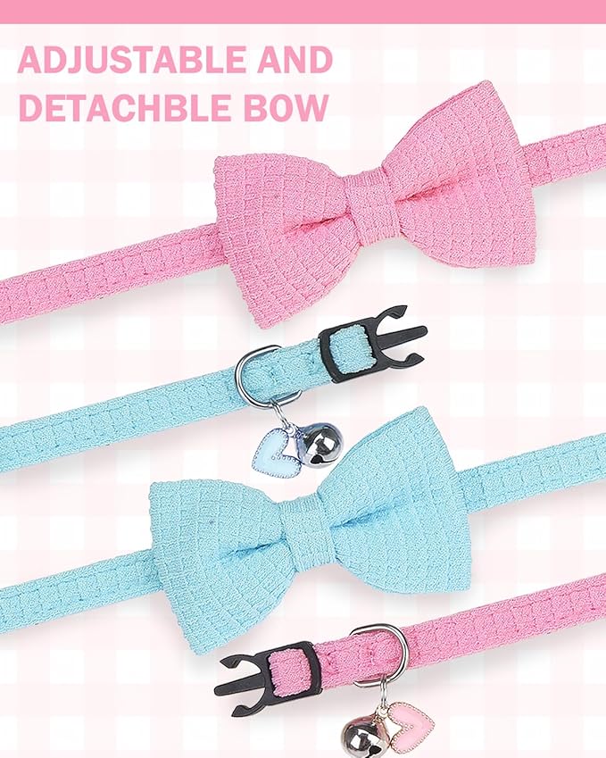 Cat Collar Breakaway with Bells, Soft Cotton Pink Cat Bowtie Collar - Image 3