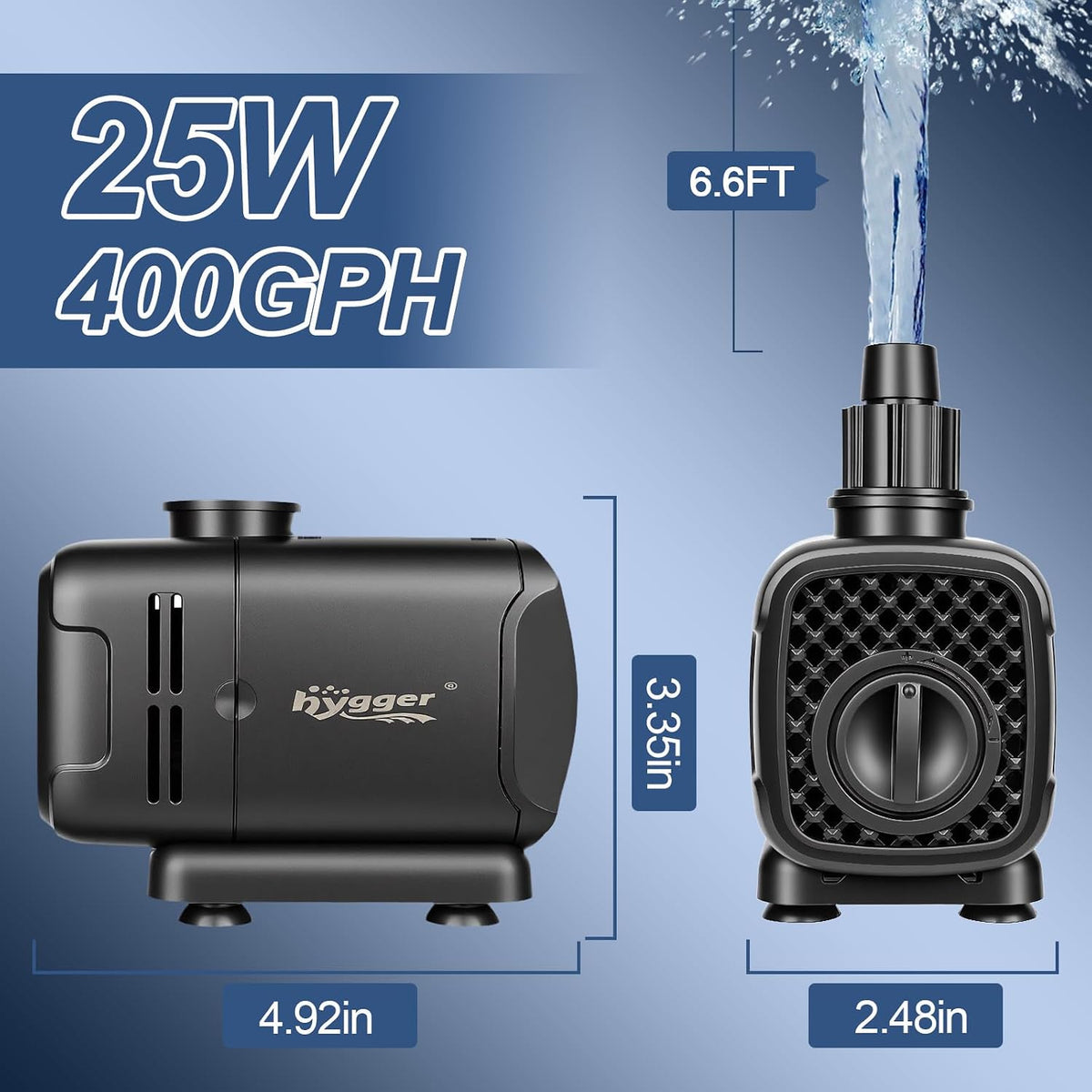 hygger 2-in-1 400GPH Submersible Pump 25W,Side and Bottom Suction Fountain Water Pump with 6.6ft High Lift,Quick Water Change with 4 Interchangeable Nozzles for Aquarium, Fish Tank, Hydroponics,Pond